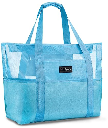 ZUXNZUX Sac de Plage Grand en Maille avec Fermeture Éclair Fourre-Tout de Plage Anti-Sable Imperméable Pliable Main Sac, de Rangement pour vêtements, Jouets, Serviette, Gym, Piscine