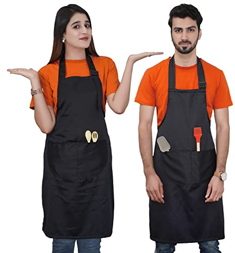 Water Repellent & Unisex Adjustable Bib Black Apron with Pockets, Long Lasting Cooking Aprons for Men, 100% Cotton Fabric, Durable Stitching, Large Coverage and 40 inches Long pair of Ties.