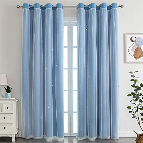 Nyescasa Verdunklungs Vorhänge Kinderzimmer Vorhang Doppellagige Gardienen mit Höhlen Sterne mit Voile Ösenschal für Wohnzimmer Schlafzimmer Mädchen Dekoschal 2er Set 160x132cm(H×B) Blau