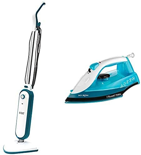 Russell Hobbs RHSM1001-G Steam and Clean Steam Mop White & Aqua + Russell Hobbs My Iron Steam Iron, Ceramic Soleplate, 260 ml Water Tank, Self-Clean Function and Two Metre Power Cable, Blue and White
