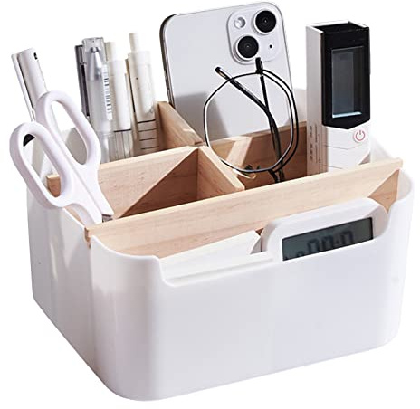 Seasboes Organizador de escritorio de madera con 5 compartimentos, organizador de bambú, caja de almacenamiento de artículos de papelería, accesorios multifuncionales (blanco)