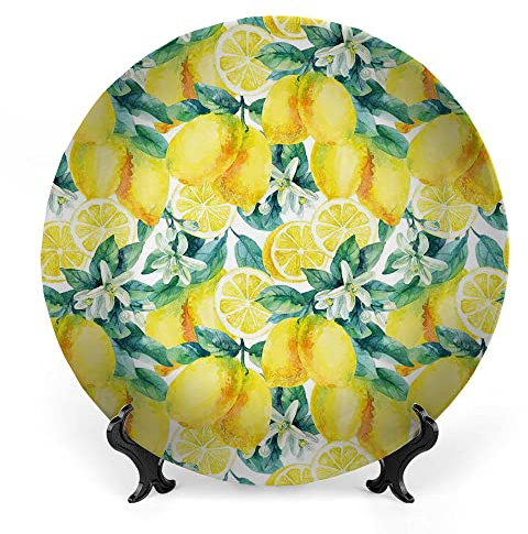 LIGUTARS Decorative Plates, Modern Print Ornament, Lemon Citrus Branches Watercolor, 10 Inch, 1 Plate with 1 Display Stand, Forest Green Yellow