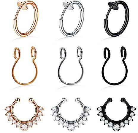 Kucheed 9 Pezzi Anelli al Naso Finti, Falso Setto Anelli Naso Cerchi,Orecchini a Cerchio con Anello al Naso in Finto Setto in Acciaio Chirurgico,Helix Cartilagine Piercing Gioielli per Donna Uomo