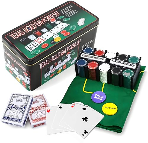Munnie 200-Piece Deluxe Casino Texas Hold'em Poker and Blackjack Game Set with Gift Tin Box - Gaming Chips & Playing Cards with Poker Dice Set for Adults