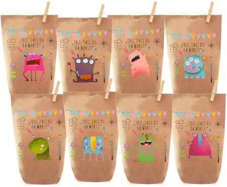 Paul´s Papierfabrik 8 bunte Monster Geschenktüten/Papiertüten, Tüten liebevoll bedruckt, für Geschenke, Gastgeschenke, Mitgebsel, Giveaways, Kindergeburtstag, Hochzeit (Monster acht)