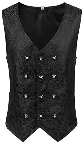 Beokeuioe Slim Fit Anzugweste Herrenweste mit Stehkragen Zweireihig Gilet Männer Business Party Herren Jacquard Gothisch Steampunk Zweireiher Smoking Slim Fit West Anzugweste