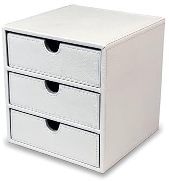 Osco Faux Leather 3-Drawer Desktop Storage Cube, Compact Desk Organiser, Stationery & Makeup Drawer Chest for Home Office, Jewellery, Small Items, White
