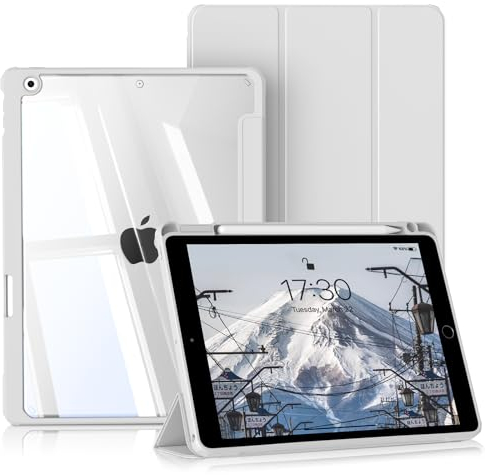 BQDIYOO Hülle für iPad 9. Generation, iPad 8./7. Generation Hülle 10.2 Zoll 2021/2020/2019, Transparentes Hardcase mit Stifthalter, Auto Schlafen/Wache, Grau