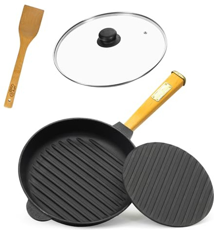 4BIG.fun Sartén de hierro fundido con tapa de presión, 28 cm de diámetro, espátula de inducción, mango de madera, sartén para fuego