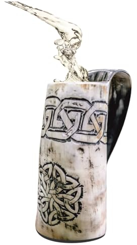 Hornerey - Hochwertiger Kelten Becher aus Horn | Trinkhorn mit Gravuren der keltischen Mythologie | Inhalt: 1 echter Trinkbecher ca. 0,5l