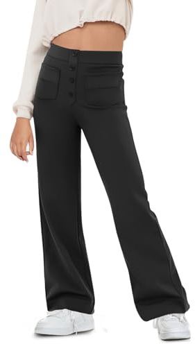 Haloumoning Pantalon évasé pour fille - Legging de yoga évasé - Bouton - Taille haute - Pantalon de sport avec poches, Noir , 12-14 ans