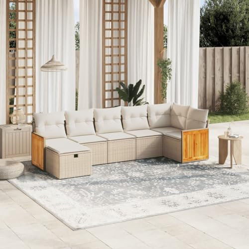 Rantry 7-TLG. Gartensofa Set mit Kissen Gartenlounge Gartenmöbel Loungesofa Balkonmöbel Ecksofa Ecklounge Loungemöbel Sitzgruppe für Balkon Terrasse Garten Beige Poly Rattan