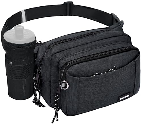 ONETOALL Bauchtasche Schwarz mit Flaschenhalter, Gürteltasche für Damen und Herren, Hüfttasche mit 4 Reißverschlussfächern, großer Bauchbeutel Hip Bag auf Reisen Joggen Wandern Hundespaziergänge