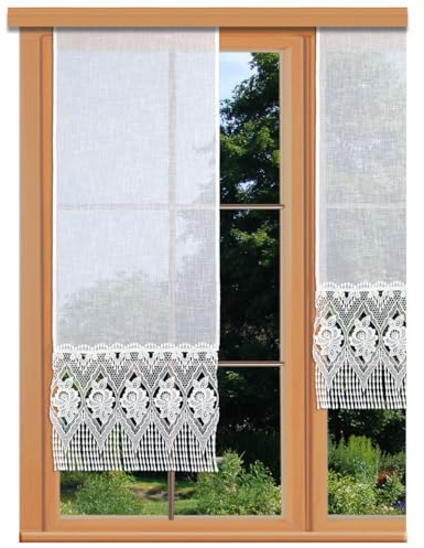 Flächengardine Johanna mit Echter Vogtländischer Spitze in weiß Landhaus-Schiebepaneele in Käseleinenoptik Flächenvorhang mit Perlenschnurfransen 140 x 40 cm