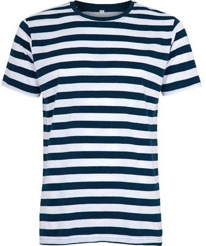 Compatibile con Mantis - Maglietta retrò a righe da uomo e donna in look navy, maglietta a girocollo a maniche corte, certificata Oeko-Tex 100, cotone in conversione, vegana, blu navy, XL