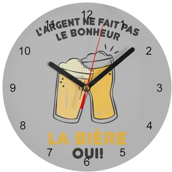 Wanduhr aus Glas – Bier – Silber macht nicht Glück Alkohol Party – Durchmesser 20 cm – Grau