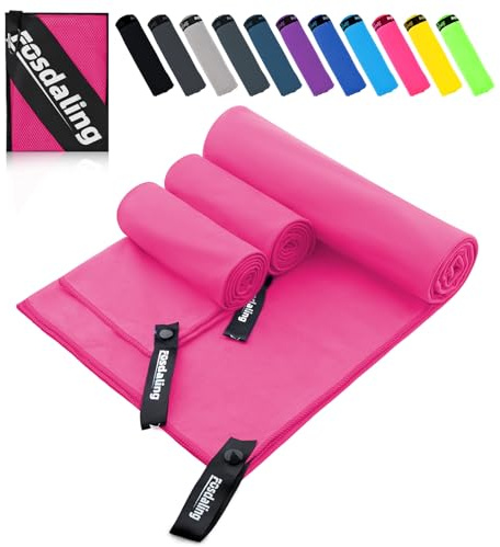 Fosdaling Mikrofaser Handtuch 3er Set - Groß 180×90cm & 2 Klein 80×40cm, Schnelltrocknend Microfaser Sporthandtuch, für Reisehandtuch, Badetuch, Fitness & Sport Handtücher und Strandtuch (Rosa)