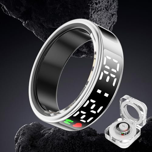 Smart Ring für Herren Damen - 2025 AI Fitness Tracker 5 ATM Wasserdicht mit Temperaturmessung,100+ Sportmodi,Schlafmonitor,Herzfrequenz, SpO2, Smartring für Android iOS (Silber, #9（mit LED-Display))
