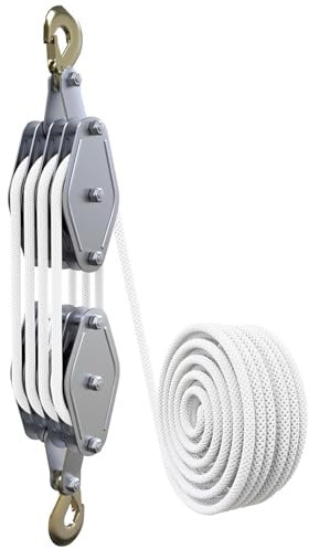 TINMAGI Palan à 4 Voies, Poulie de Levage avec 20 m de Câble, Treuil Manuel Capacité 400 kg, Hauteur 2,5 m, Palan a Corde Crochet en Acier Galvanisé