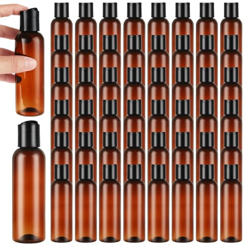 LOPYXBR 50 PCS 4 Oz Plastic Squeeze Bottles with Disc Top Flip Cap Amber Empty Squeeze Travel Containers 4 Oz Amber Refillable Plastic Bottles with Squeeze Top for Shampoo, Lotions, Cream