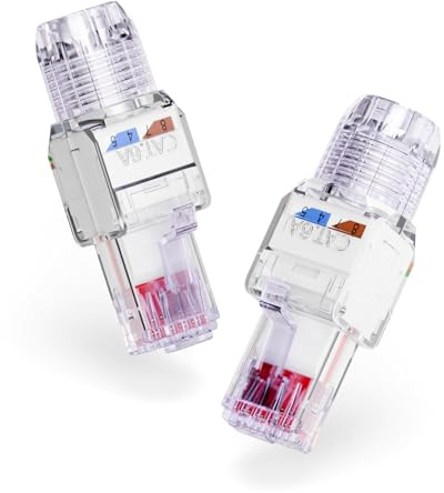 VCELINK Cat6A Conector RJ45 Sin Herramientas LSA, 10 Gbps/500 MHz, Compacto y Reutilizable, Clavija RJ45 UTP Bañado en Oro para Cable de Red AWG 23-26, Púrpura transparente, 2 Unidades