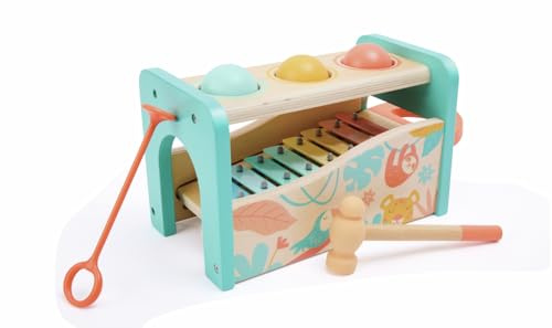 Hape Xylophon & Hammerspiel aus Holz ab 12 Monaten – Limitierte Auflage – Dschungel Design, Montessori Musikspielzeug & Motorikspielzeug für Kleinkinder – Lernspielzeug mit Xylophon und Kugelbahn