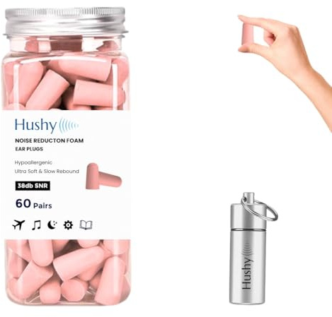 Hushy Premium Foam Earplugs for Sleep, 120-Pack, 38dB SNR Noise Cancelling Ear Plugs, Ultra Soft Hypoallergenic Earplugs for Sleeping, Study & Travel with Carry Case (Pink)