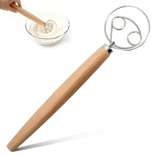 Fouet à Pâte Danois, Fouet Cuisine, Pétrin Manuel avec Manche en Bois, Fouet Plat, Outils de Pâtisserie et Fournitures de Cuisine pour la Pâte à Pain, Gâteaux, Pâtisseries et la Pâte à Pizza