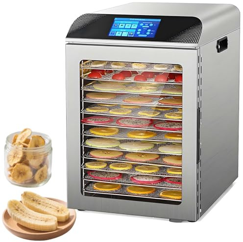 QFGain Deshidratador De Alimentos para Cecina, con Pantalla TáCtil Led Digital, 12 Bandejas De Acero Inoxidable, Gran Capacidad, para Frutas, Verduras, Carne, Golosinas para Mascotas, Silencioso