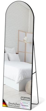 Floordirekt Specchio intero 147 x 44 cm, curvo, telaio in lega di alluminio, vetro temperato, per camera da letto, soggiorno, guardaroba, nero Madison