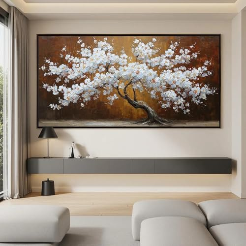 Pósteres abstractos con textura 3D de cerezo blanco en flor, arte de paisaje, impresiones, pintura moderna de lienzo de lujo, decoración del hogar (60 x 120 cm/sin marco)