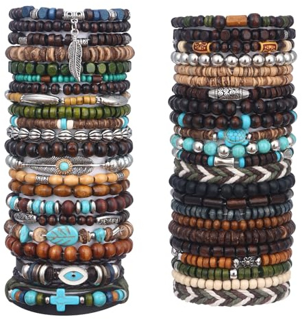 Giovanchi 44 PCS Beaded Bracelets for Mens Larger Size Women Adjustable Boho Punk Braided Wooden Bead Bracelet Bulk Wood Bangles Wristbands Meaningful Jewelry Gift