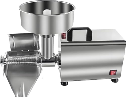 Colador eléctrico para tomates, máquina industrial para moler y preparar salsas, ideal para frutas blandas en cocinas domésticas y restaurantes.