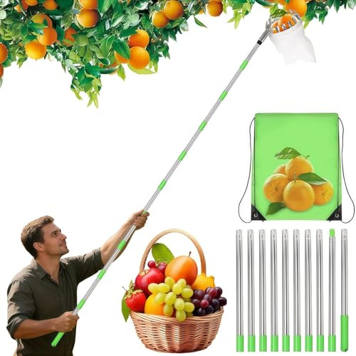 GAESHOW Fruit Picker Apple Picker with Telescopic Handle, Fruit Picker Tool, Fruit Grabber Tool with Stainless Steel Connecting Pole&Fabric Bag, Cherry Picker for Pears Orange Peach Lemon Pear