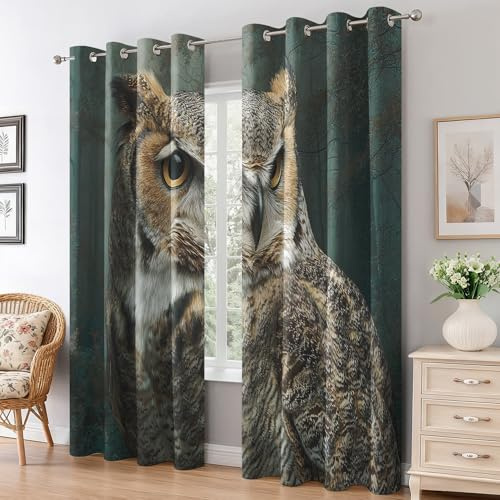 Generisch Eule Vorhänge Wohnzimmer, Verdunklungsvorhänge Wildtier Vogel mit Ösen, Vorhang Blickdicht mit Muster, Gardinen für Wohnzimmer Deko 2er Set, H 166 X B 75 cm B-D77