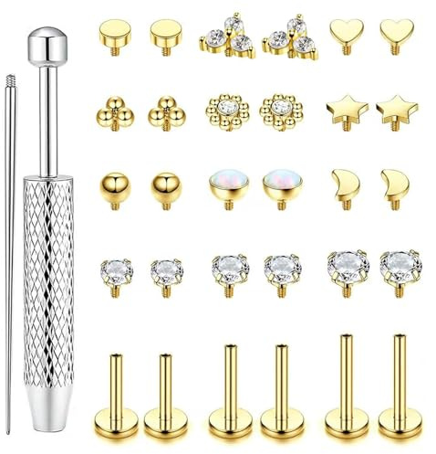 MLPKOI 32Pcs 16G Piercing Tragus Labret à Filetage Interne pour Lèvre Hypoallergénique Acier Inoxydable Piercing Nez Piercing Oreille Piercing Bijoux Piercing Femmes Hommes Or