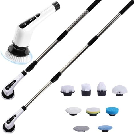 Electric Spin Scrubber, 9 in 1 Cordless Electric Cleaning Brush, Extendable Long Handle Bathroom Cleaning Scrubber, 300/400RPM Spin Scrubber for Bathroom Tub Floor Wall Kitchen Tile Car (9 in 1)