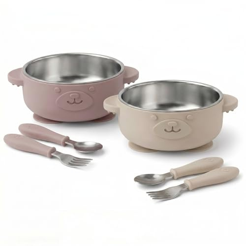 Broemba Ciotola Bebè Inox Ventosa 2 pzas Cucchiaio Forchetta Beige Rosa | Ciotola con ventosa e posate per bambini. 3 adesivi inclusi. Senza BPA. Dai 6 mesi. Lavabile in lavastoviglie.