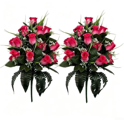 2-pack konstgjorda rosbuketter, UV-resistenta sidenblommor med flexibla stjälkar för kyrkogårdsgravar, bröllop och heminredning, 40 cm falska blomsterarrangemang (fuchsia)