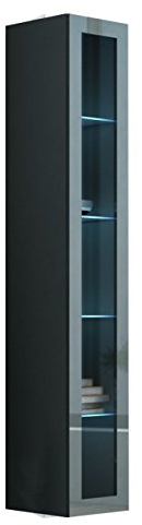 Hängevitrine Vigo Glas 180, Vitrine mit Glasböden, Vitrinenschrank, Farbauswahl, Stauraumvitrine Hochschrank, Wohnzimmer Highboard, Schrank (mit Blauer LED Beleuchtung, Grau/Grau Hochglanz)