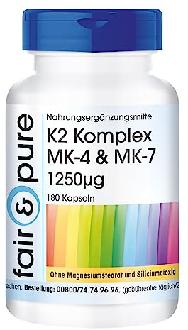 Fair & Pure Vitamin K2 Komplex 1250mcg MK-4 & MK-7, 180 Kapseln, hochdosiert, Nahrungsergänzungsmittel vegan ohne Magnesiumstearat, in Deutschland hergestellt