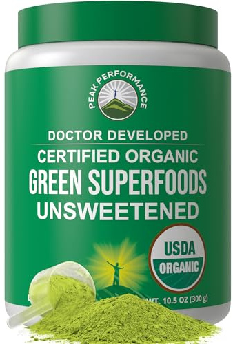 Peak Performance Unsweetened Organic Greens Superfood Powder. Super Greens Powder with 25+ Organic Ingredients for Max Energy and Athletic Performance. Vegan Keto Green Juice Daily Drink