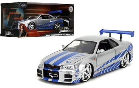Jada Toys Fast & Furious Brian’s 2002 Nissan Skyline R34 Die-cast Car, 1:24 Scale, Silver & Blue