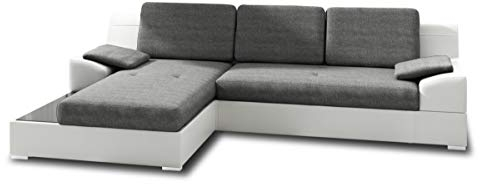 Ecksofa Aldo mit Glasregal, Couchgarnitur mit Bettfunktion und Bettkasten, Sofagarnitur, Couch mit Schlaffunktion, Big Sofa (Weiß + Grau (Soft 017 + Inari 91), Ecksofa Links)