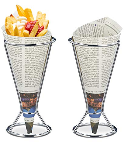 Relaxdays 10 st pommes friteshållare i rostfritt stål, spetsiga påsar med pommes frites, pommes frites, grönsaker och snackshållare, H x D: 16 x 9,5 cm, silver