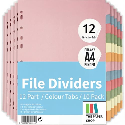 File Dividers A4, 12 Part Folder Dividers for Ring Binders & Lever Arch Files (10 Pack) | Jan-Dec Monthly Dividers | Writeable Coloured Tabs | The Paper Shop