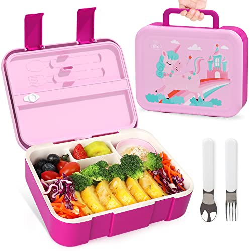 Lehoo Castle Bento Lunch Box for Kids, 1.25L Bento Box Lunch Containers with 5 Compartments, Toddler Lunch Box with Sauce Jar/Spoon & Fork (Unicorn)