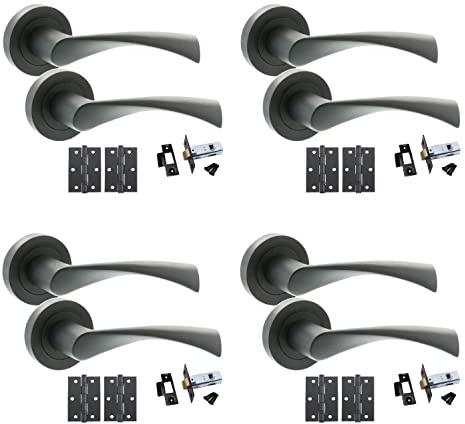 Golden Grace Astrid Door Handles with Hinges & 64mm Latch, Matt Black | Includes spindles and matching screws in 4 complete sets, offering everything needed for hassle-free internal fitting.