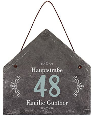 Herz & Heim® Türschild, Schiefer, Hausform, 20 x 20 cm, mit Personalisierung, verschiedene Motive Straße, Hausnummer und Name