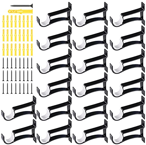 Tuanse 20 Set Curtain Rod Bracket Heavy Duty Holders Hooks Hangers Bulk for 1 Inch to 1.2 Inch Wall Single Window Drapery Rod Support with Screws(Black)